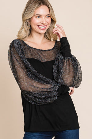 Super Lady Full Size Metallic Mesh Lantern Sleeve Blouse - Teresa's Fashionista LLC