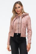 Snobbish Faux Leather Zip Up Drawstring Hooded Jacket - Teresa's Fashionista LLC
