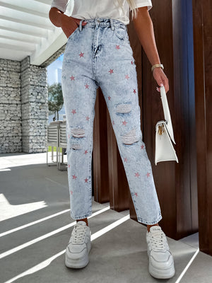 Distressed Star Straight Jeans with Pockets-Teresa's Fashionista LLC