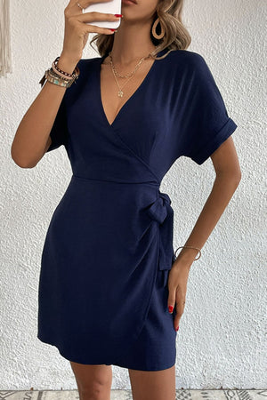 Tied Cuffed Sleeve Surplice Dress-Teresa's Fashionista LLC
