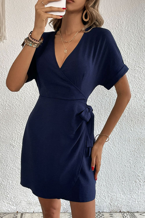 Tied Cuffed Sleeve Surplice Dress-Teresa's Fashionista LLC