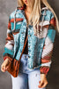Drawstring hooded pocketed denim jacket with colorful pattern and button closure.