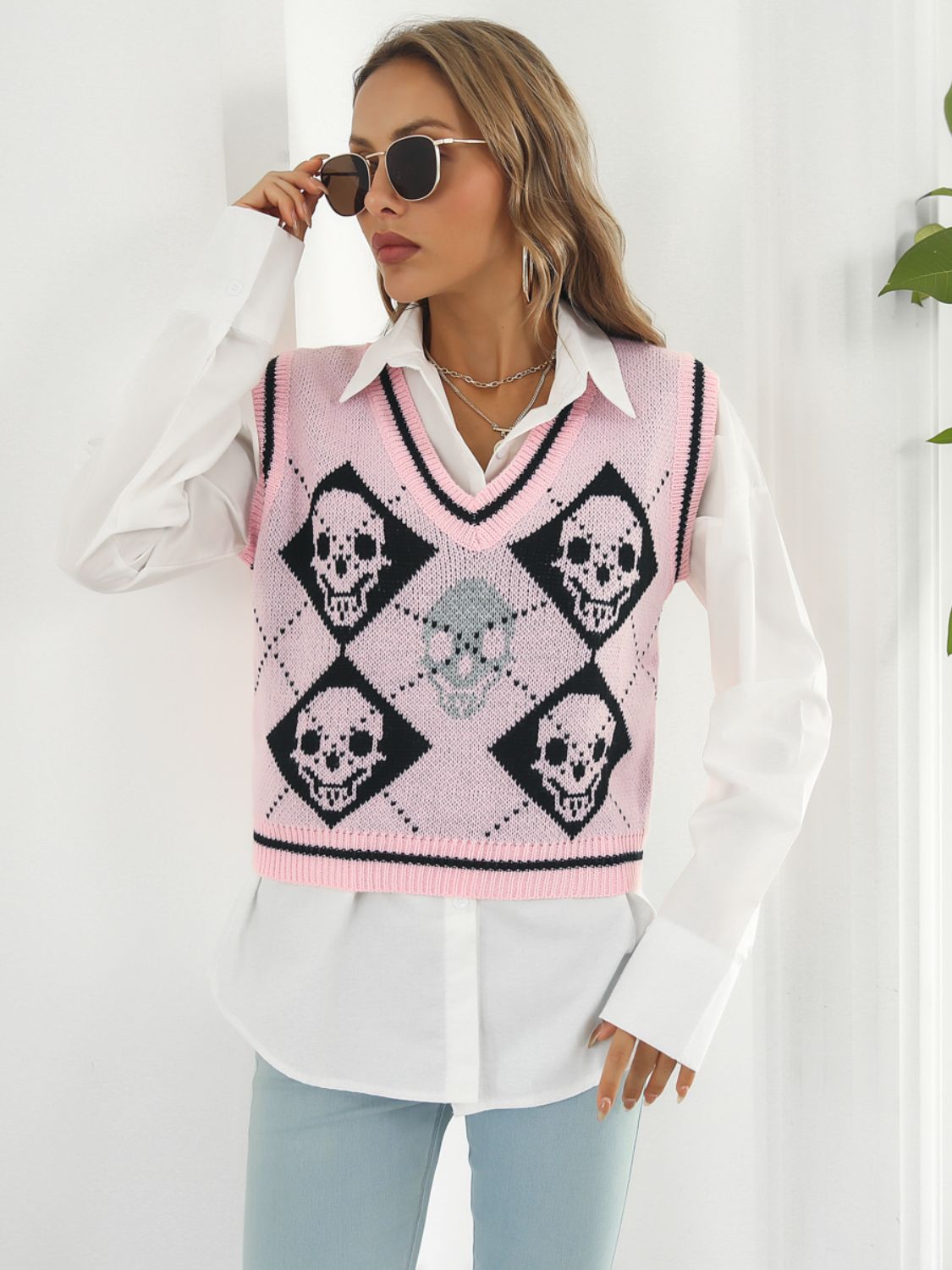 Skull Contrast V-Neck Sweater Vest - Teresa's Fashionista LLC