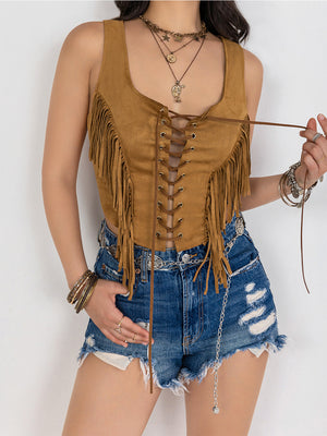 Fringe Lace-Up Vest-Teresa's Fashionista LLC