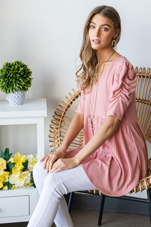 Heimish Full Size Waffle Knit V-Neck Babydoll Top-Teresa's Fashionista LLC