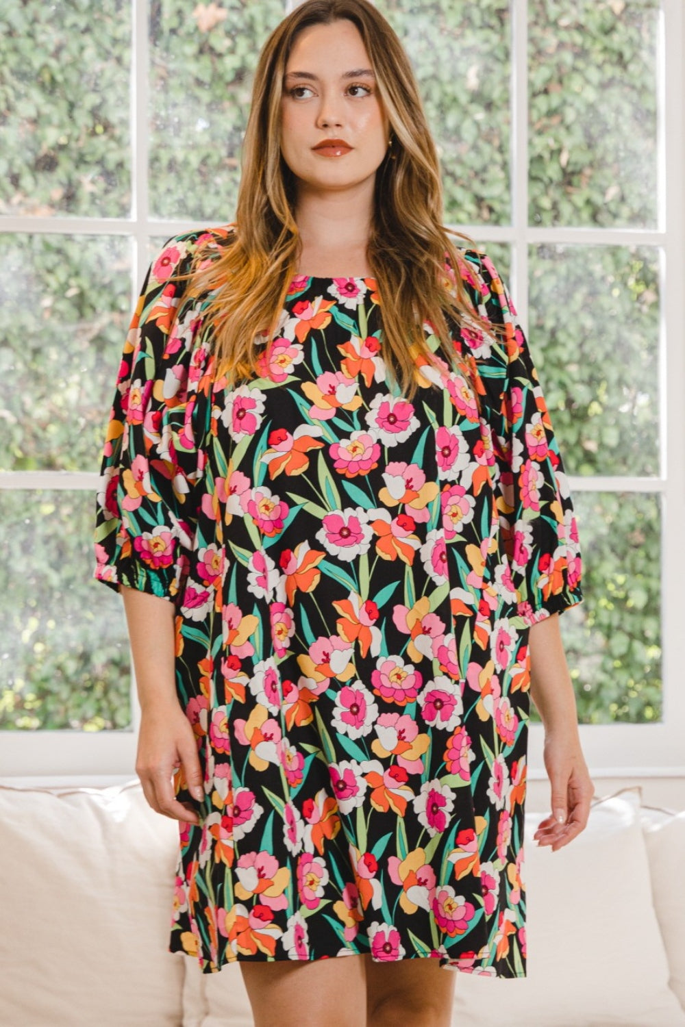 ODDI Full Size Floral Puff Sleeve Mini Dress-Teresa's Fashionista LLC