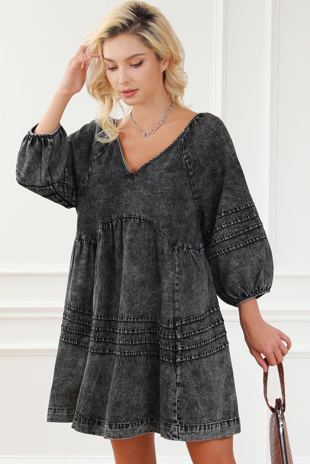 V-Neck Tie Back Mini Denim Dress-Teresa&#39;s Fashionista LLC