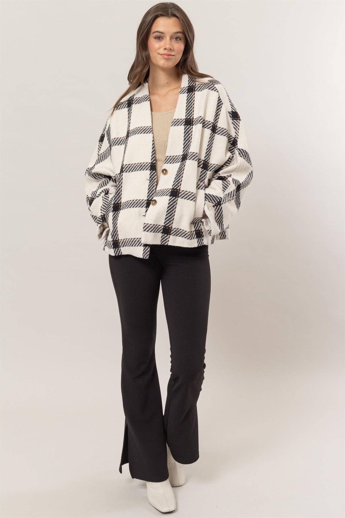 HYFVE Plaid Long Sleeve Jacket with Side Slit Pockets - Teresa's Fashionista LLC