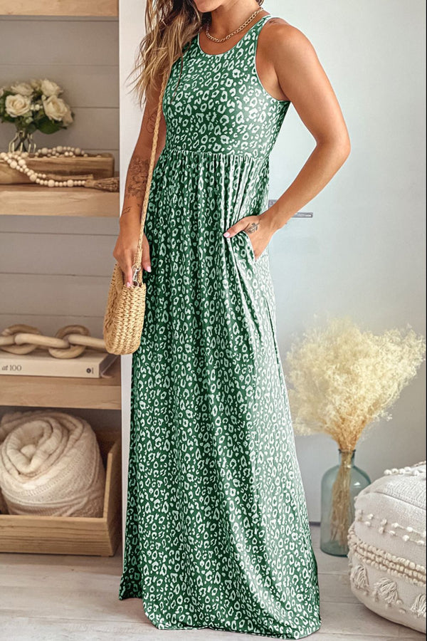 Leopard Round Neck Sleeveless Maxi Dress-Teresa's Fashionista LLC