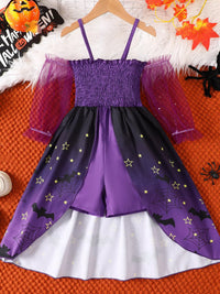 Children's Halloween Spaghetti Strap Romper with Tulle Sleeves and Starry Overlay