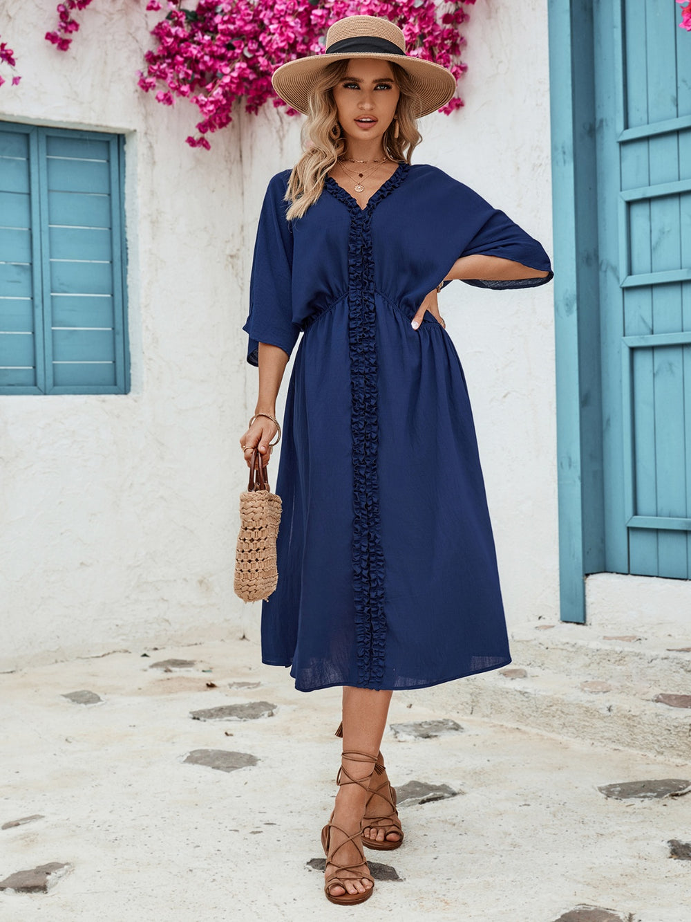 Frill Slit V-Neck Three-Quarter Sleeve Dress-Teresa's Fashionista LLC