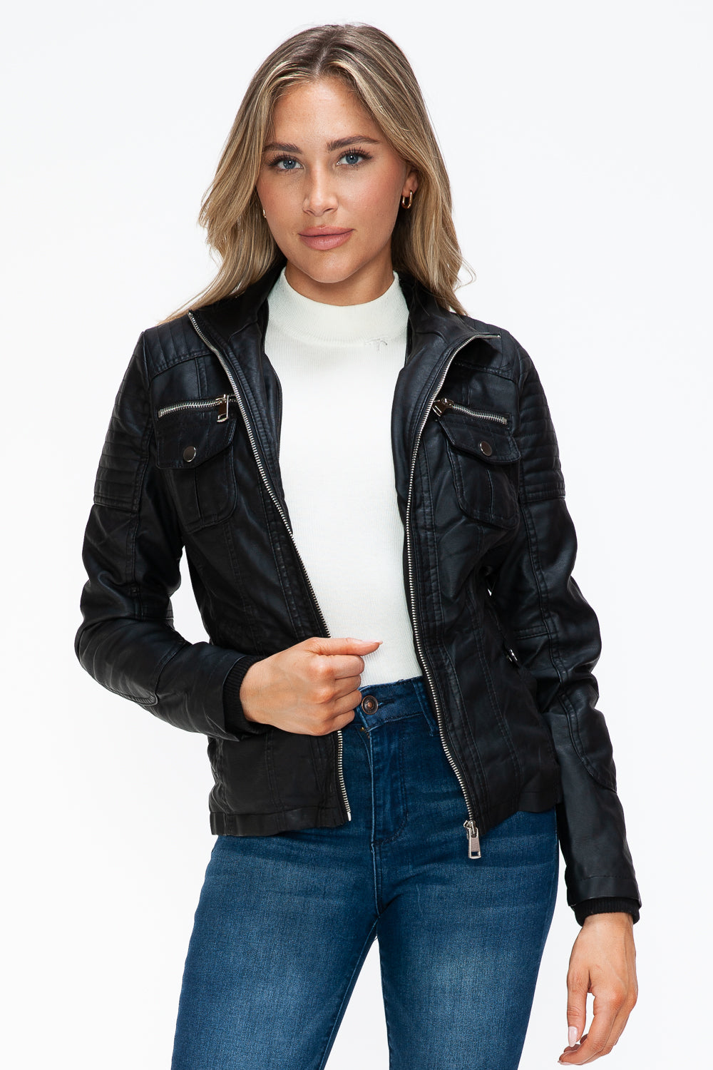 YMI Removable Faux Layered Multi-Pocket Jacket with Fuzzy Hood - Teresa's Fashionista LLC