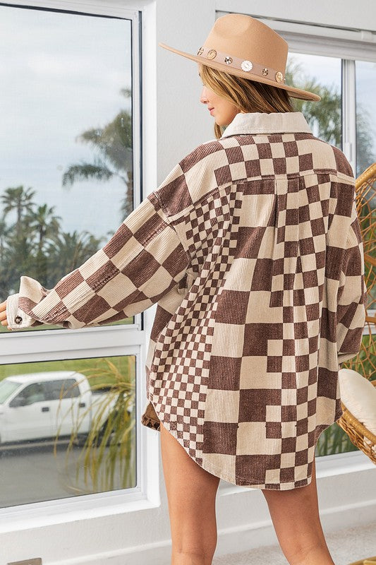 BiBi Checkered Button Down Corduroy Shacket - Teresa's Fashionista LLC