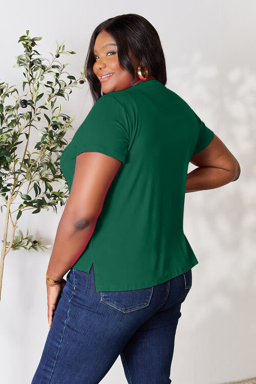 Basic Bae full size round neck short sleeve T-shirt in green, slightly stretchy rayon-spandex fabric.