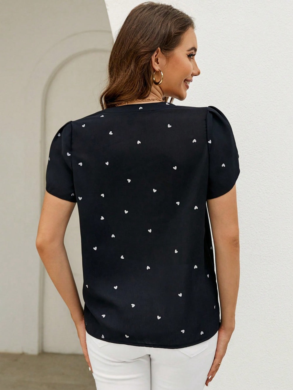 Heart Print Notched Petal Sleeve Blouse-Teresa's Fashionista LLC