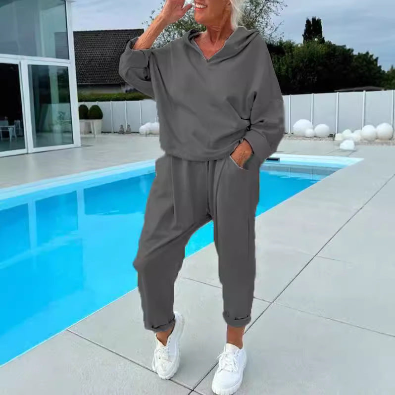 Women's Solid Color Hooded Sweatshirt Two-piece Set - Teresa's Fashionista LLC