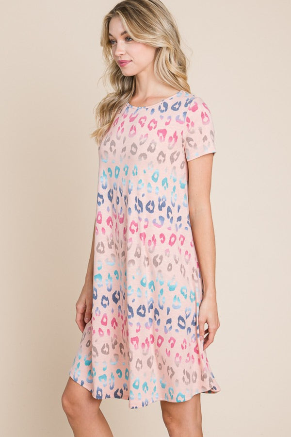 BOMBOM Leopard Round Neck Short Sleeve Dress-Teresa's Fashionista LLC