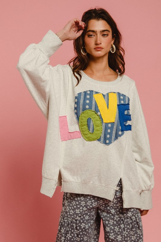 BiBi LOVE Heart Patch Slit French Terry Sweatshirt - Teresa's Fashionista LLC