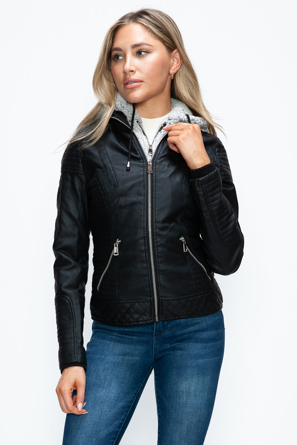 YMI Faux Layered Double-Zipper Jacket with Fuzzy Hood - Teresa's Fashionista LLC