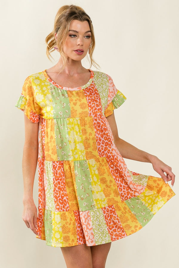 BiBi Leopard Short Sleeve Tiered Dress-Teresa's Fashionista LLC