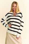 Davi & Dani High-Low Side Slit Striped Johnny Collar Sweater - Teresa's Fashionista LLC