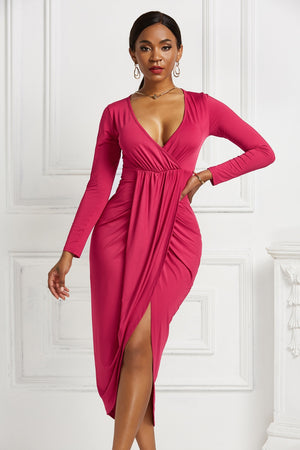 High-low Ruched Surplice Long Sleeve Dress-Teresa's Fashionista LLC