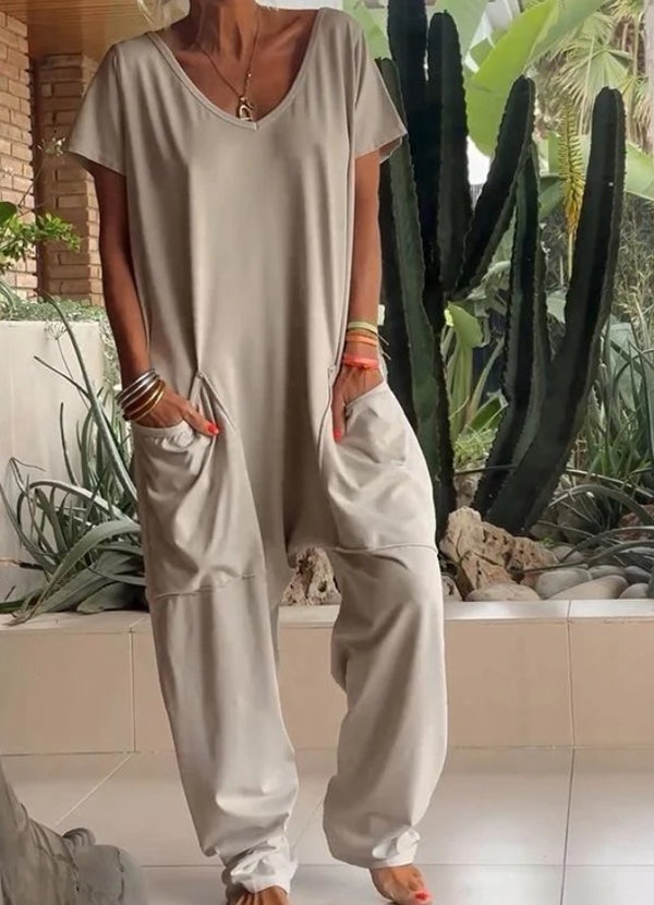 European And American Solid Color And V-neck Oversized Pocket Low-grade Jumpsuit - Teresa's Fashionista LLC