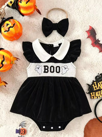 Children's Halloween 'BOO' Ghost Velvet Bodysuit Dress and Bow Headband Set