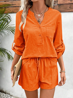 Notched Long Sleeve Top and Shorts Set-Teresa's Fashionista LLC
