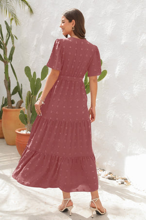 Swiss Dot Tied Surplice Short Sleeve Dress-Teresa's Fashionista LLC