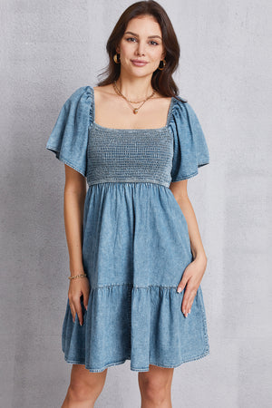 Smocked Square Neck Mini Denim Dress-Teresa's Fashionista LLC