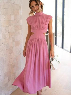 Cutout Mock Neck Sleeveless Ruched Dress-Teresa's Fashionista LLC