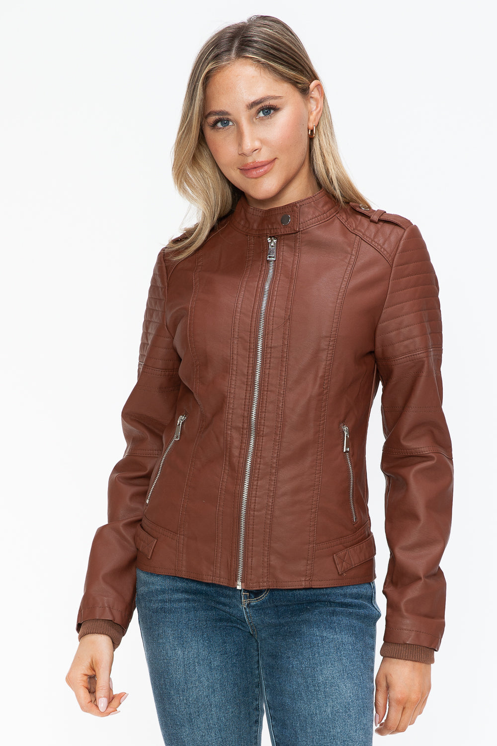 Snobbish PU Leather Biker Jacket with Side Zip Pockets - Teresa's Fashionista LLC