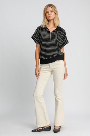 Umgee Striped Half Zip Short Sleeve Sweatshirt - Teresa's Fashionista LLC