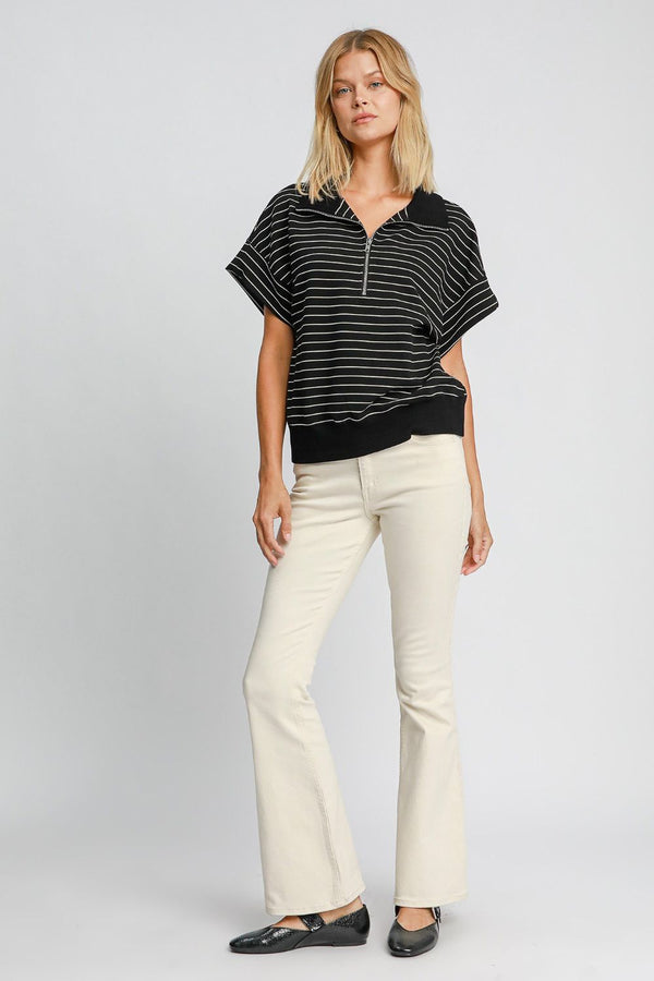 Umgee Striped Half Zip Short Sleeve Sweatshirt - Teresa's Fashionista LLC