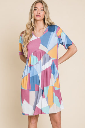 BOMBOM Ruched Color Block Short Sleeve Dress-Teresa's Fashionista LLC