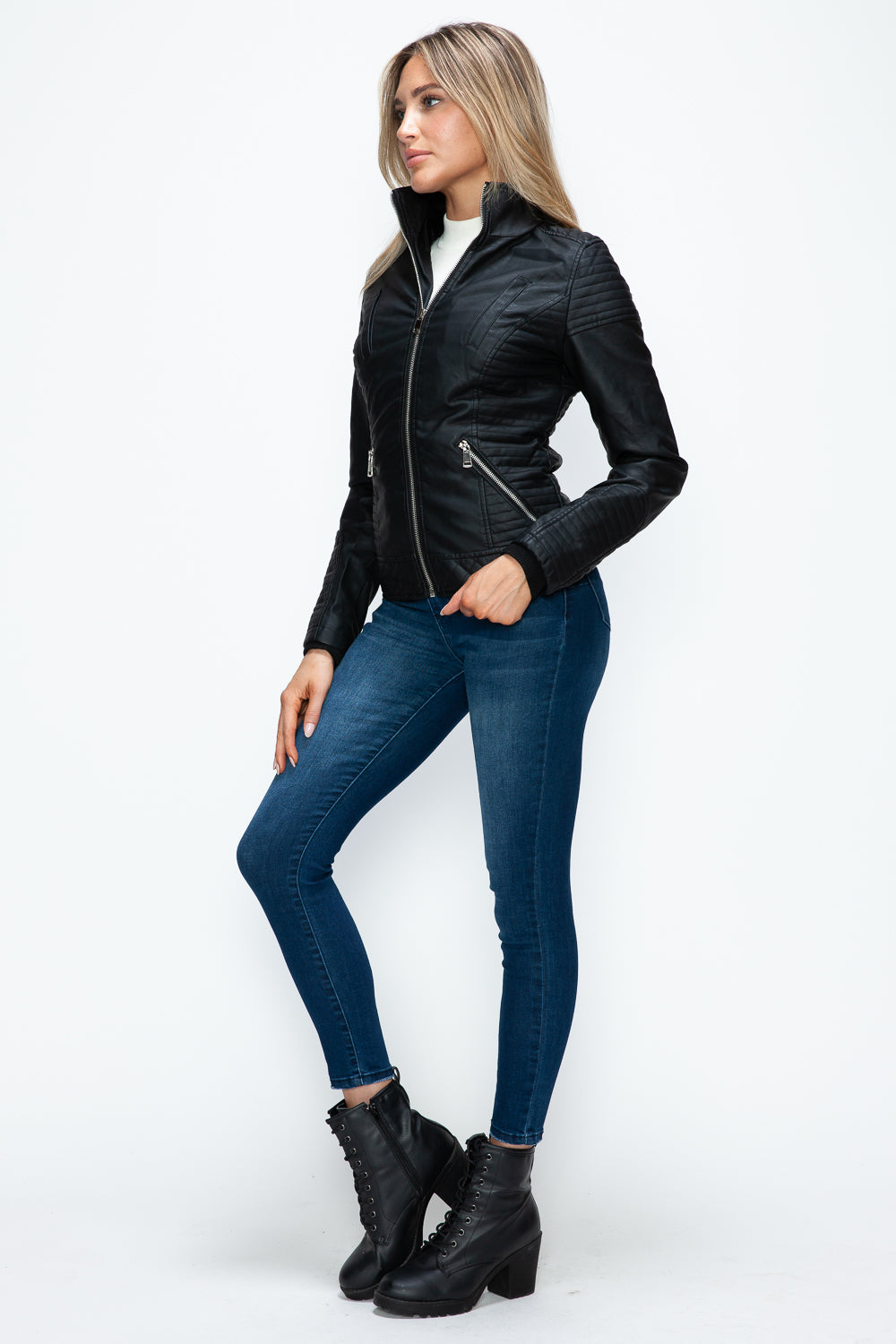 YMI Faux Layered Double-Zipper Jacket with Fuzzy Hood - Teresa's Fashionista LLC