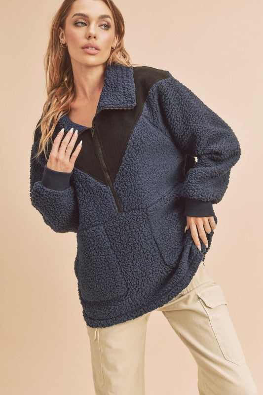 Aemi+Co Two Tone Half Zip Fleece Sweatshirt - Teresa's Fashionista LLC
