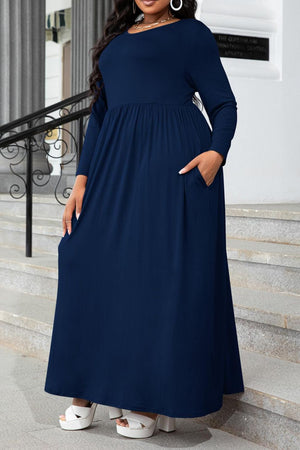 Plus Size Round Neck Long Sleeve Maxi Dress with Pockets-Teresa's Fashionista LLC