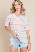 BOMBOM Striped V-Neck Short Sleeve T-Shirt-Teresa's Fashionista LLC
