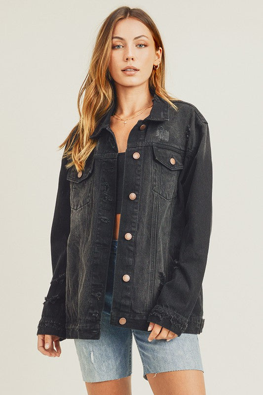 RISEN Full Size Distressed Long Sleeve Denim Jacket - Teresa's Fashionista LLC