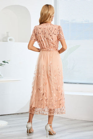 Sequin Leaf Embroidery Tie Front Short Sleeve Dress-Teresa's Fashionista LLC