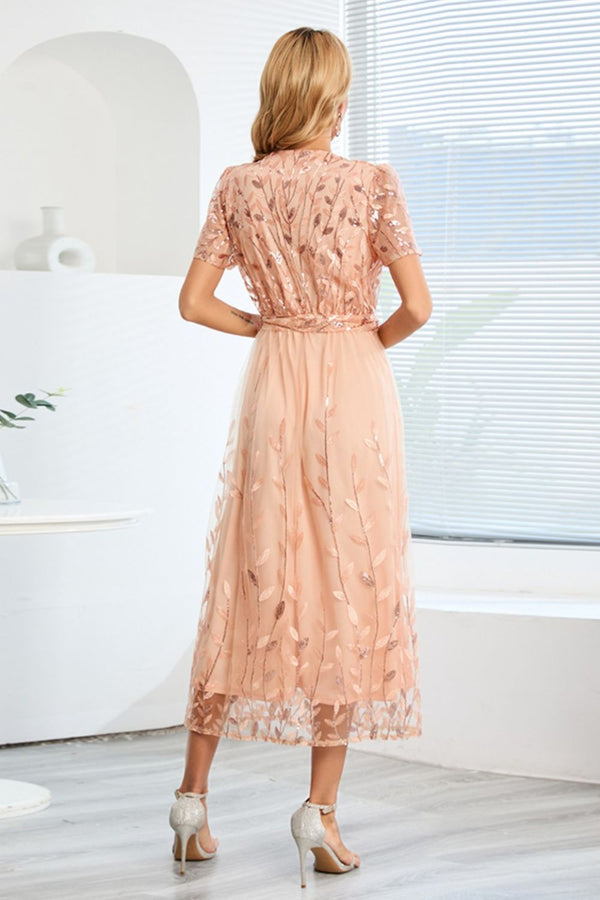 Sequin Leaf Embroidery Tie Front Short Sleeve Dress-Teresa's Fashionista LLC