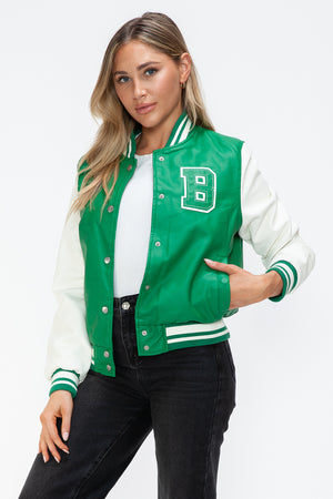 Love Me Now PU Leather Contrast Snap Down Bomber Jacket - Teresa's Fashionista LLC