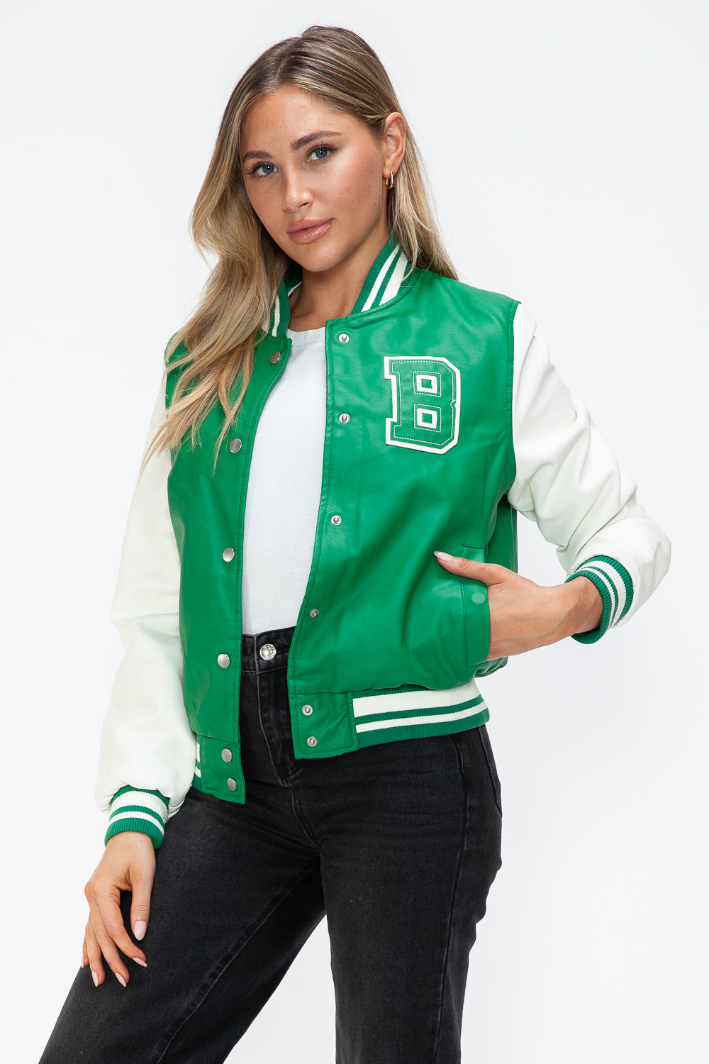 Love Me Now PU Leather Contrast Snap Down Bomber Jacket - Teresa's Fashionista LLC
