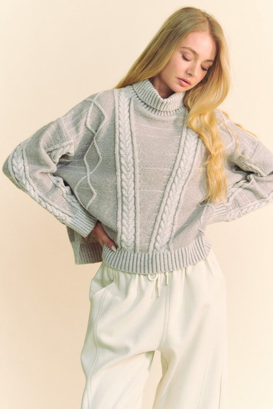 Davi & Dani Cable-Knit Turtleneck Dropped Shoulder Sweater - Teresa's Fashionista LLC