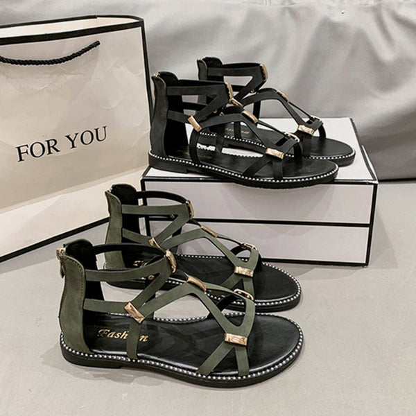 Open Toe Back Zipper Flat Sandals-Teresa's Fashionista LLC