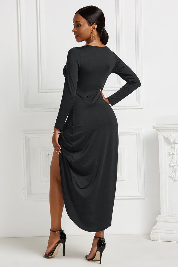 High-low Ruched Surplice Long Sleeve Dress-Teresa's Fashionista LLC