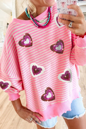 Valentine’s Day Sequin Heart Striped Round Neck Long Sleeve Sweatshirt - Teresa's Fashionista LLC