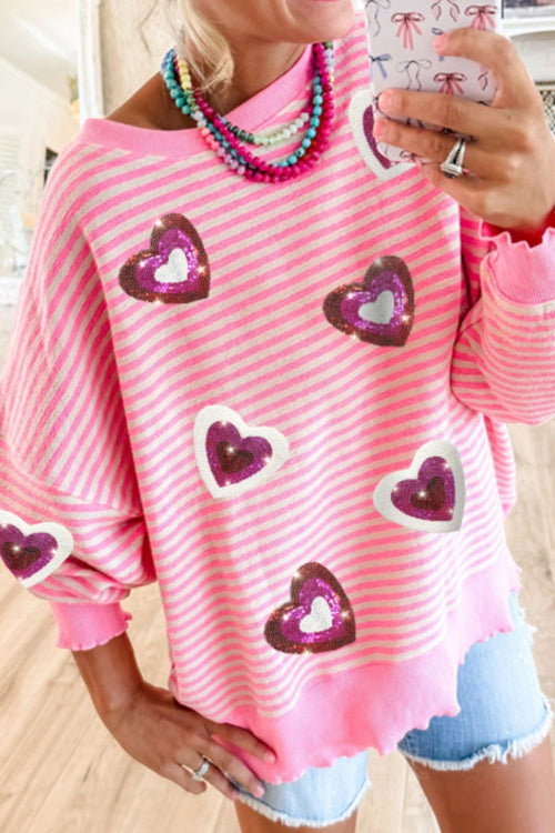 Valentine’s Day Sequin Heart Striped Round Neck Long Sleeve Sweatshirt - Teresa's Fashionista LLC